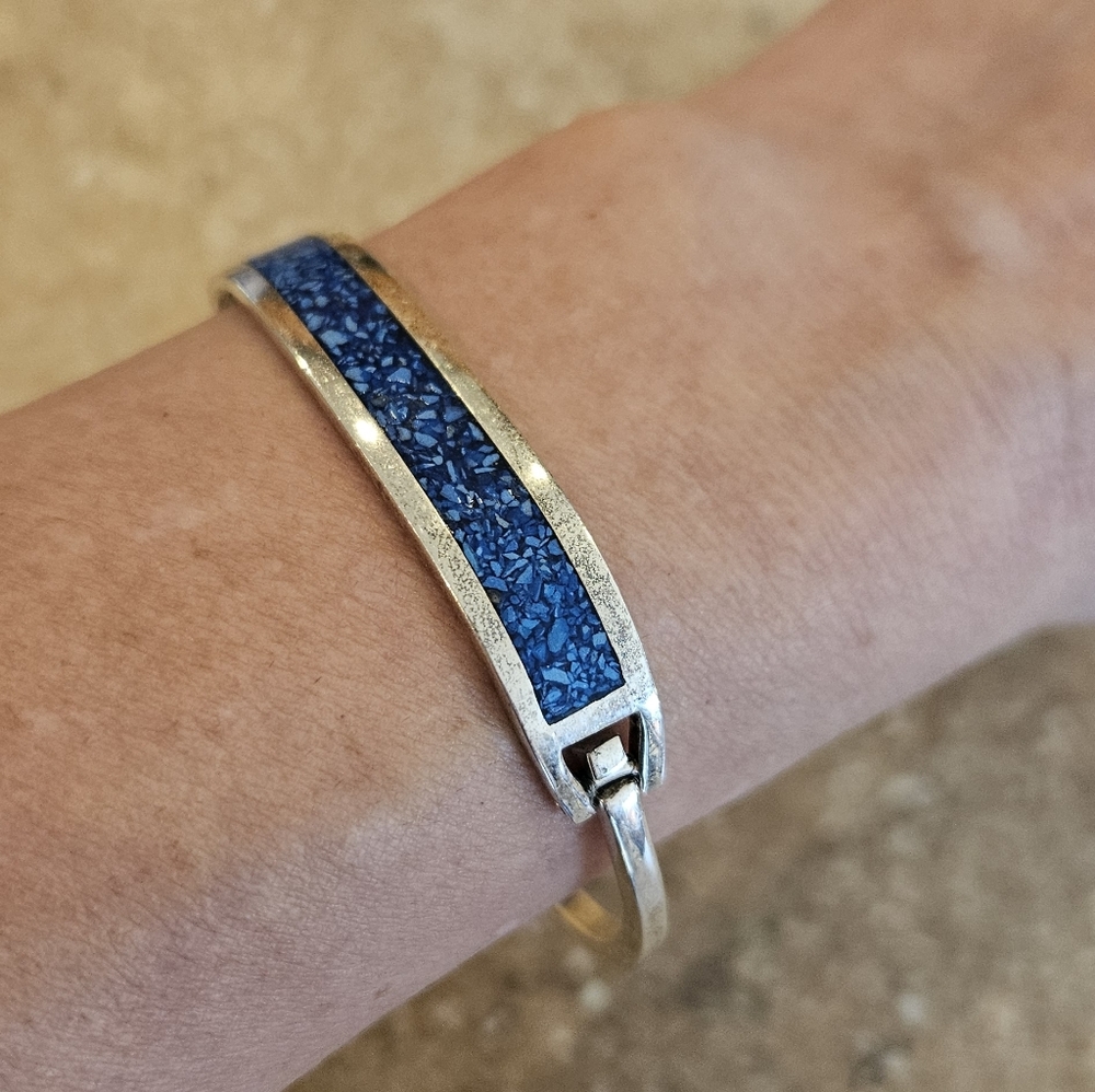 Silver Lapis Mosaic hinged bracelet Handcrafted Western Boho